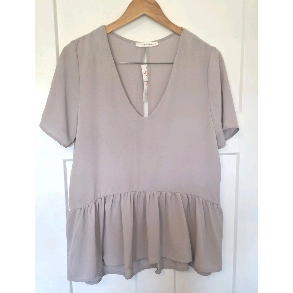 Boho Babydoll Peplum Tunic Top Womens L Cottagecore Flowy V Neck Caramela